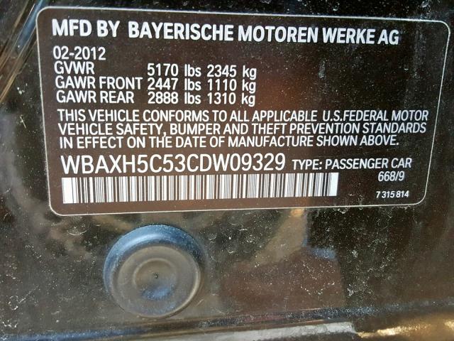 WBAXH5C53CDW09329 - 2012 BMW 528 XI BLACK photo 10