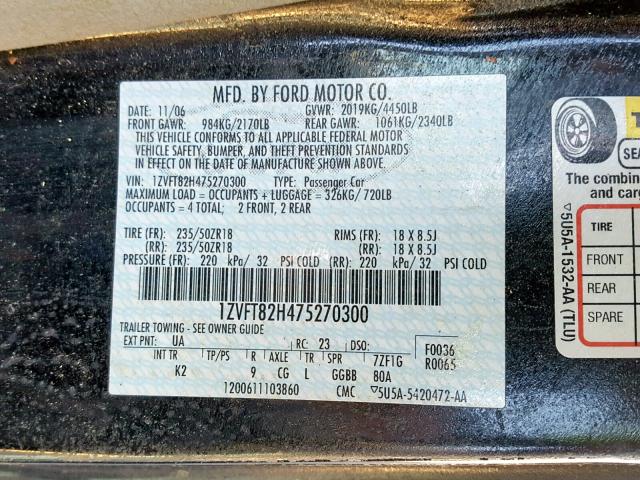 1ZVFT82H475270300 - 2007 FORD MUSTANG GT BLACK photo 10
