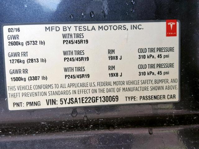 5YJSA1E22GF130069 - 2016 TESLA MODEL S GRAY photo 10