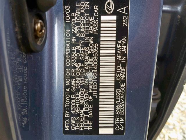 JTHBD192440085355 - 2004 LEXUS IS 300 GRAY photo 10