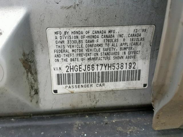 2HGEJ6617YH538192 - 2000 HONDA CIVIC BASE SILVER photo 10