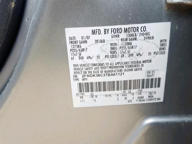 2FMDK36C37BA61121 - 2007 FORD EDGE SE GRAY photo 10