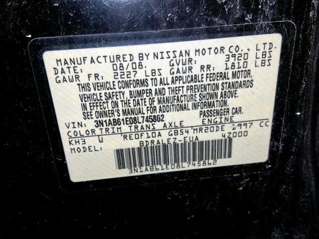 3N1AB61E08L745862 - 2008 NISSAN SENTRA 2.0 BLACK photo 10