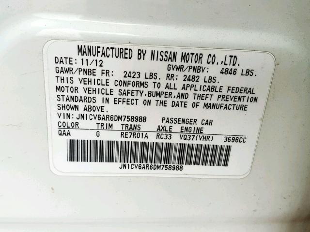 JN1CV6AR6DM758988 - 2013 INFINITI G37 WHITE photo 10