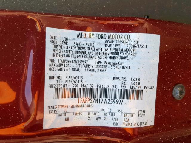 1FAFP37N17W259697 - 2007 FORD FOCUS ZX5 MAROON photo 10