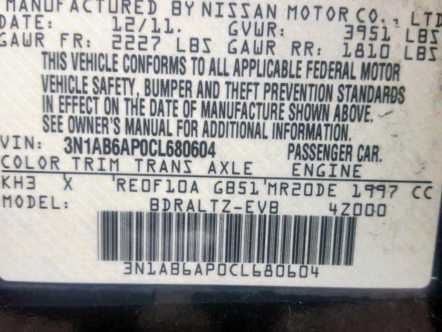 3N1AB6AP0CL680604 - 2012 NISSAN SENTRA 2.0 BLACK photo 10