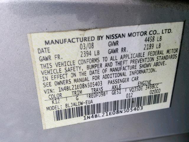 1N4BL21E08N505403 - 2008 NISSAN ALTIMA 3.5 SILVER photo 10