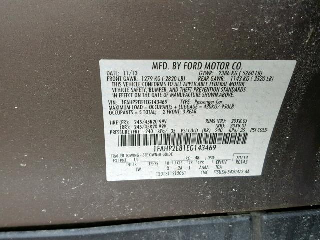 1FAHP2E81EG143469 - 2014 FORD TAURUS SEL GRAY photo 10