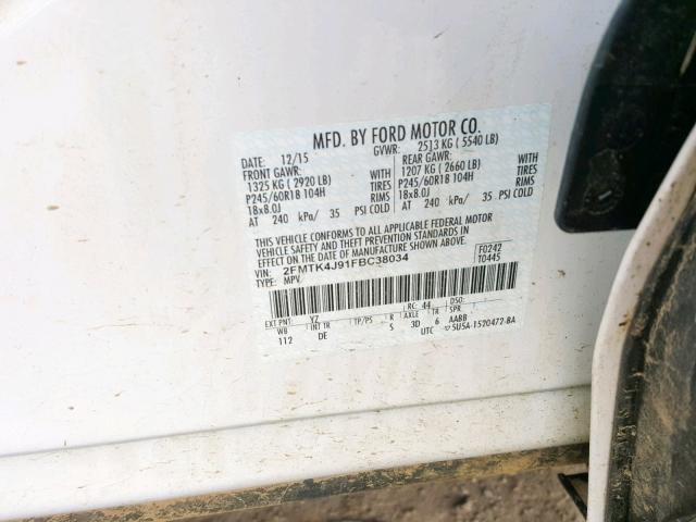 2FMTK4J91FBC38034 - 2015 FORD EDGE SEL WHITE photo 10