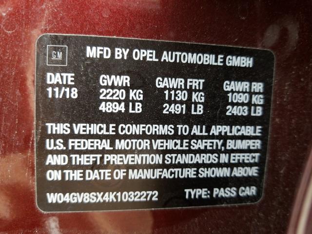 W04GV8SX4K1032272 - 2019 BUICK REGAL TOURX ESSENCE  照片 10