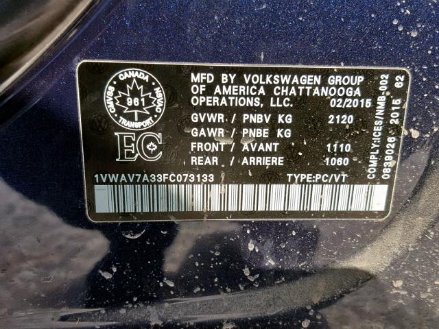 1VWAV7A33FC073133 - 2015 VOLKSWAGEN PASSAT S BLUE photo 10