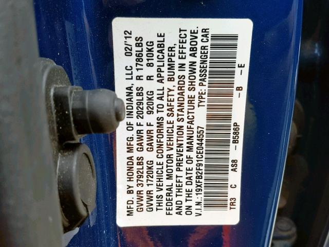 19XFB2F91CE044557 - 2012 HONDA CIVIC EXL BLUE photo 10