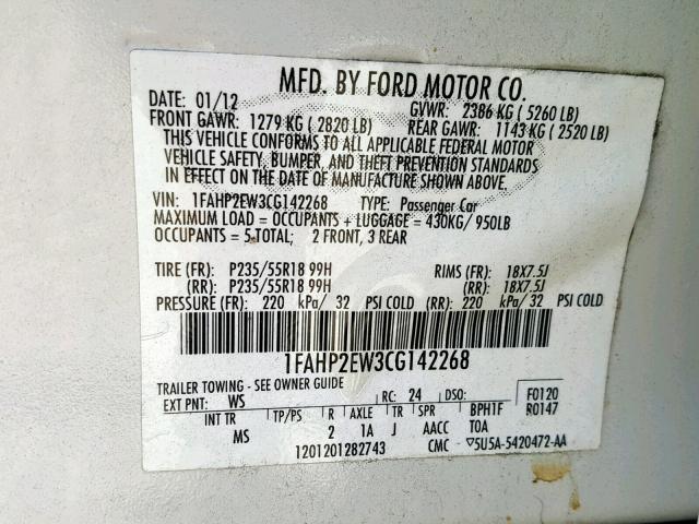 1FAHP2EW3CG142268 - 2012 FORD TAURUS SEL WHITE photo 10