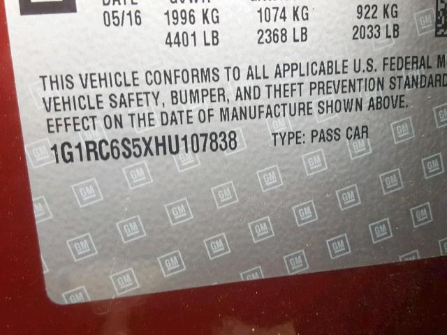 1G1RC6S5XHU107838 - 2017 CHEVROLET VOLT LT RED photo 10