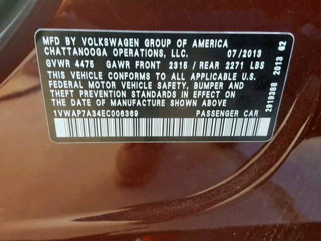 1VWAP7A34EC006369 - 2014 VOLKSWAGEN PASSAT S BURGUNDY photo 10