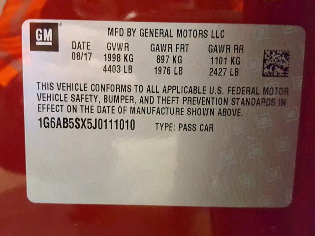 1G6AB5SX5J0111010 - 2018 CADILLAC ATS LUXURY RED photo 10