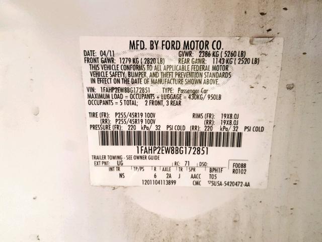 1FAHP2EW8BG172851 - 2011 FORD TAURUS SEL WHITE photo 10