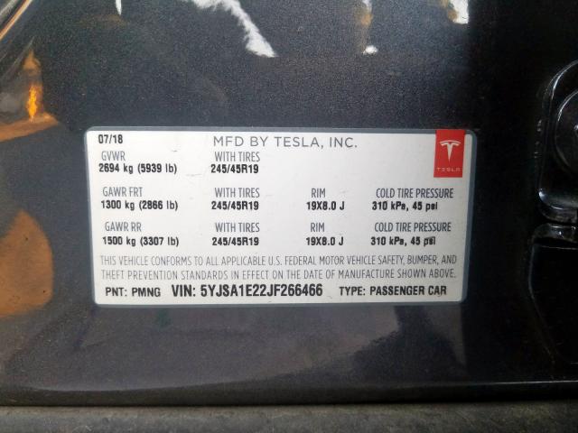 5YJSA1E22JF266466 - 2018 TESLA MODEL S  photo 10