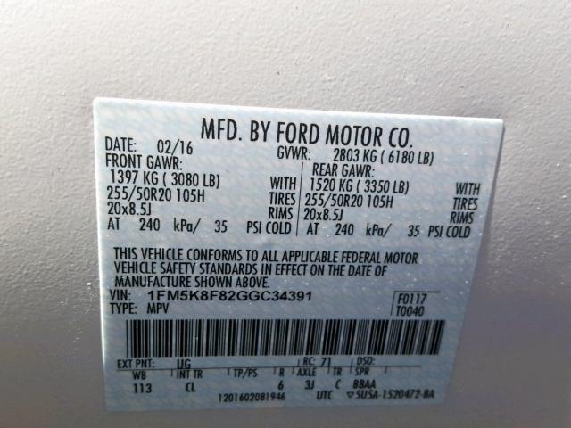 1FM5K8F82GGC34391 - 2016 FORD EXPLORER L WHITE photo 10