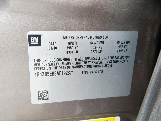 1G1ZB5EB3AF192871 - 2010 CHEVROLET MALIBU LS TAN photo 10