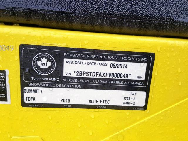 2BPSTDFAXFV000049 - 2015 SKI DOO 800CC  YELLOW photo 10