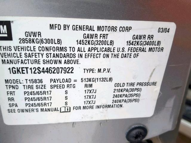 1GKET12S446207922 - 2004 GMC ENVOY XUV SILVER photo 10