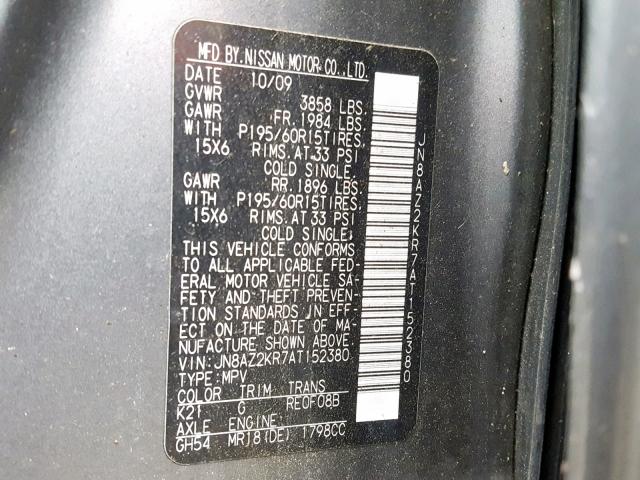 JN8AZ2KR7AT152380 - 2010 NISSAN CUBE BASE GRAY photo 10