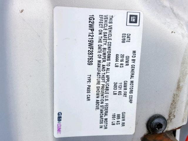 1G2WP1219WF287639 - 1998 PONTIAC GRAND PRIX SILVER photo 10