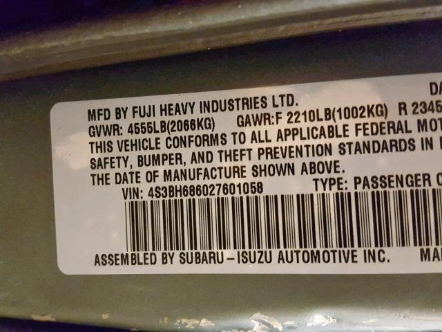 4S3BH686027601058 - 2002 SUBARU LEGACY OUT GREEN photo 10