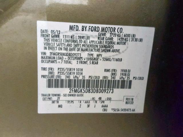 2FMGK5D83DBD09273 - 2013 FORD FLEX LIMIT GREEN photo 10