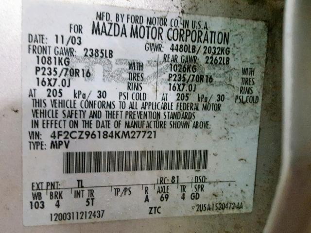 4F2CZ96184KM27721 - 2004 MAZDA TRIBUTE ES 银色 照片 10