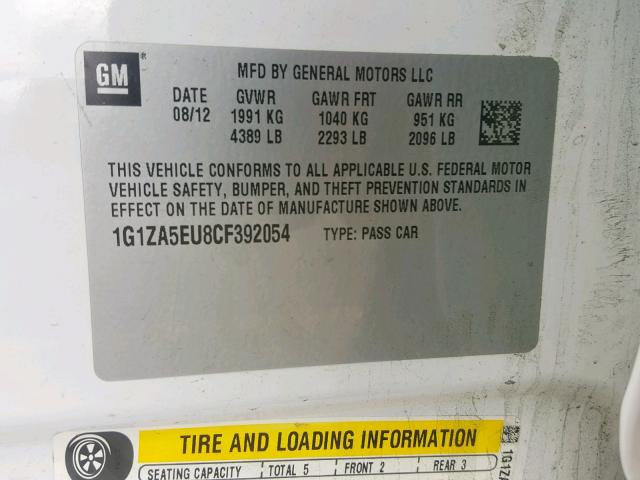 1G1ZA5EU8CF392054 - 2012 CHEVROLET MALIBU LS WHITE photo 10