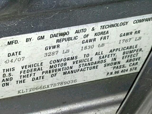 KL1TD666X7B789036 - 2007 CHEVROLET AVEO BASE Күміс фото 10