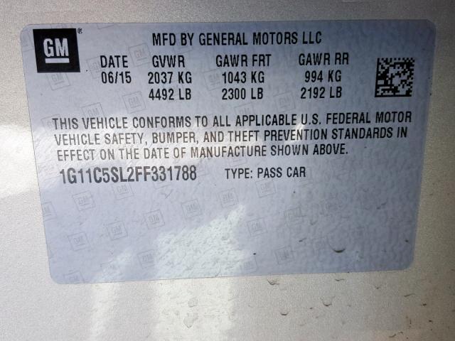 1G11C5SL2FF331788 - 2015 CHEVROLET MALIBU 1LT 金色 照片 10