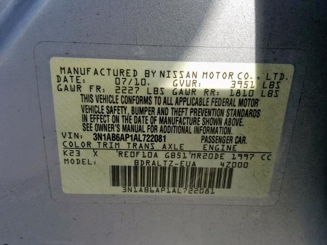 3N1AB6AP1AL722081 - 2010 NISSAN SENTRA 2.0 SILVER photo 10