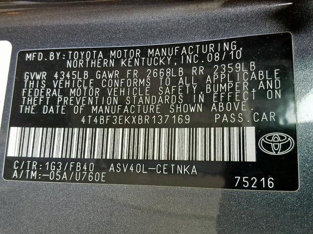 4T4BF3EKXBR137169 - 2011 TOYOTA CAMRY BASE Boz foto 10