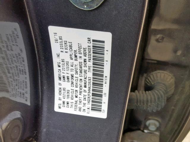 1HGCR2F94HA026063 - 2017 HONDA ACCORD EXL GRAY photo 10