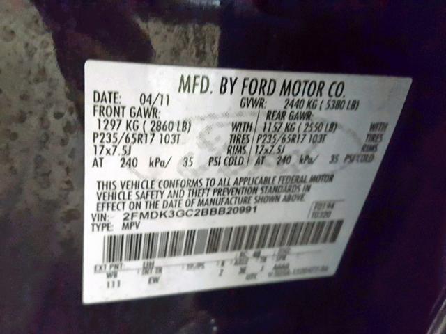 2FMDK3GC2BBB20991 - 2011 FORD EDGE SE BLACK photo 10