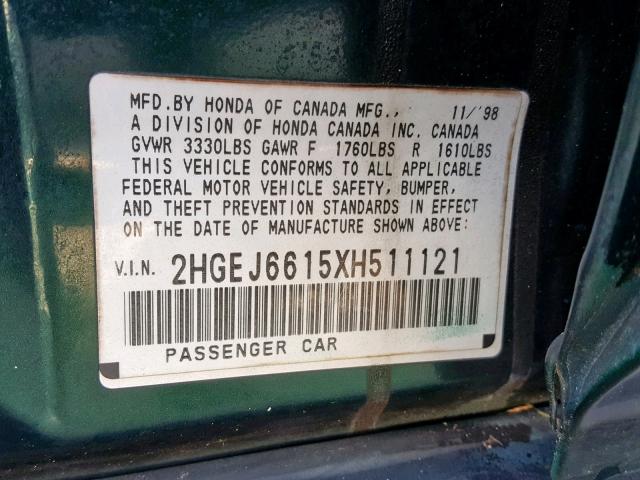 2HGEJ6615XH511121 - 1999 HONDA CIVIC BASE Yaşıl foto 10