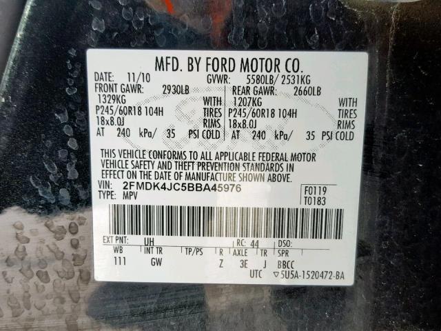 2FMDK4JC5BBA45976 - 2011 FORD EDGE SEL BLACK photo 10