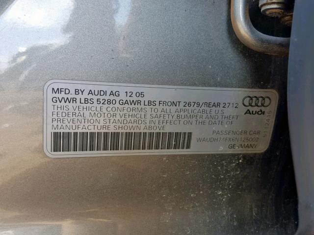 WAUDH74FX6N125002 - 2006 AUDI A6 3.2 QUA GRAY photo 10