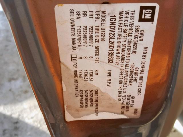 1GNDV23L26D185603 - 2006 CHEVROLET UPLANDER L 金色 照片 10