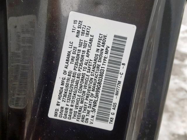 5FNRL5H99GB038031 - 2016 HONDA ODYSSEY TO GRAY photo 10