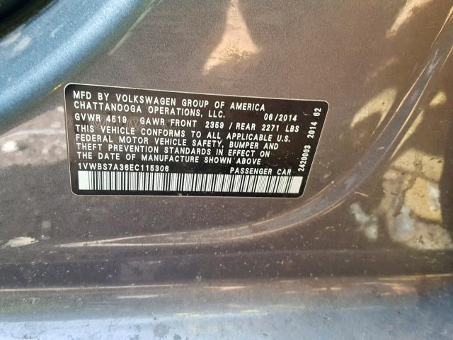 1VWBS7A36EC115306 - 2014 VOLKSWAGEN PASSAT SE GRAY photo 10