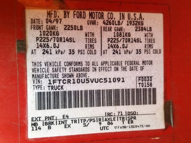 1FTCR10U5VUC51091 - 1997 FORD RANGER RED photo 10