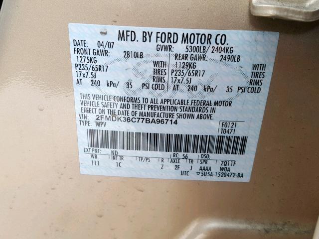 2FMDK36C77BA96714 - 2007 FORD EDGE SE GOLD photo 10