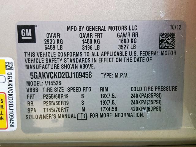 5GAKVCKD2DJ109458 - 2013 BUICK ENCLAVE TAN photo 10