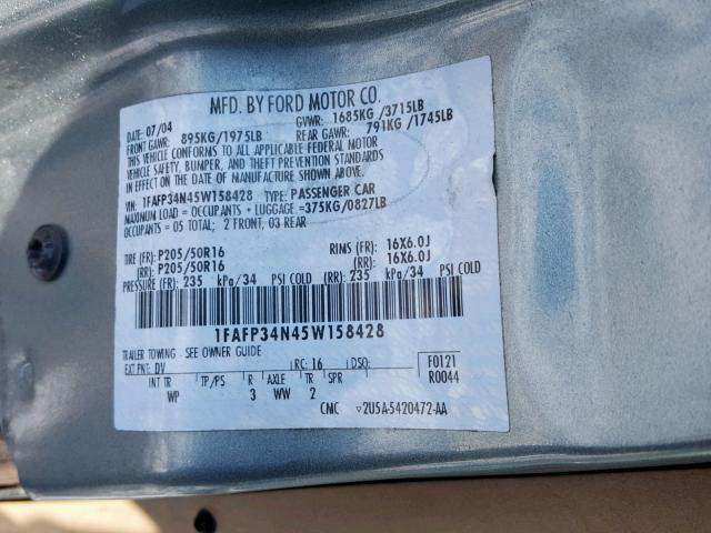 1FAFP34N45W158428 - 2005 FORD FOCUS ZX4 SILVER photo 10