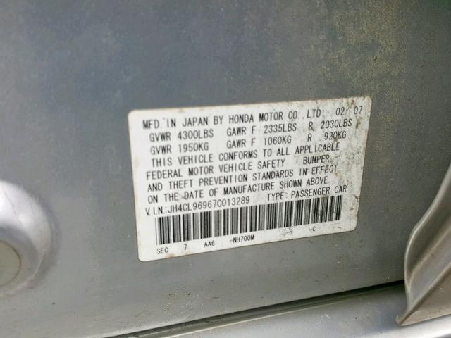 JH4CL96967C013289 - 2007 ACURA TSX SILVER photo 10