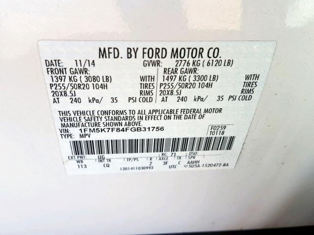 1FM5K7F84FGB31756 - 2015 FORD EXPLORER L WHITE photo 10